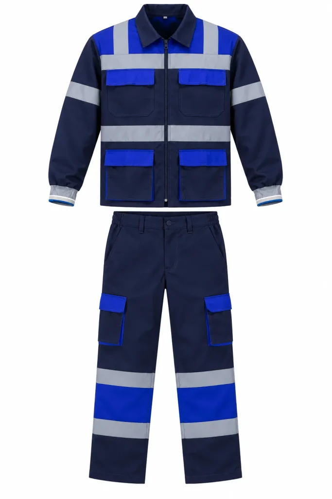 Veste et pantalon de travail bleu marine à empiècements bleu roi et bandes réfléchissantes