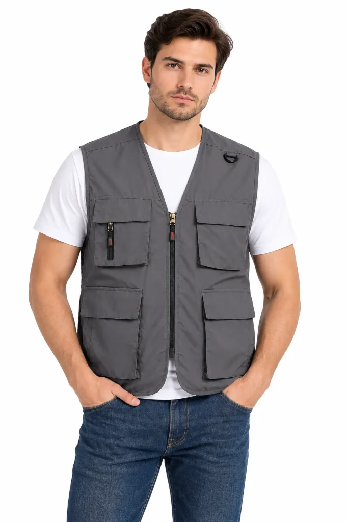 Homme portant un gilet utilitaire multipoches gris foncé