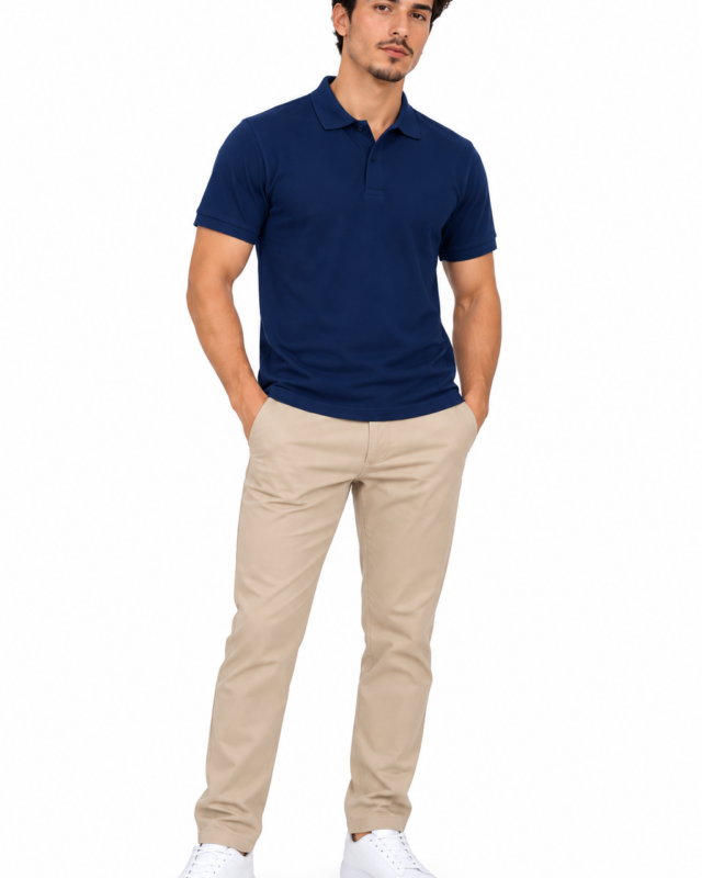 Homme en polo bleu marine et chino beige, tenue professionnelle