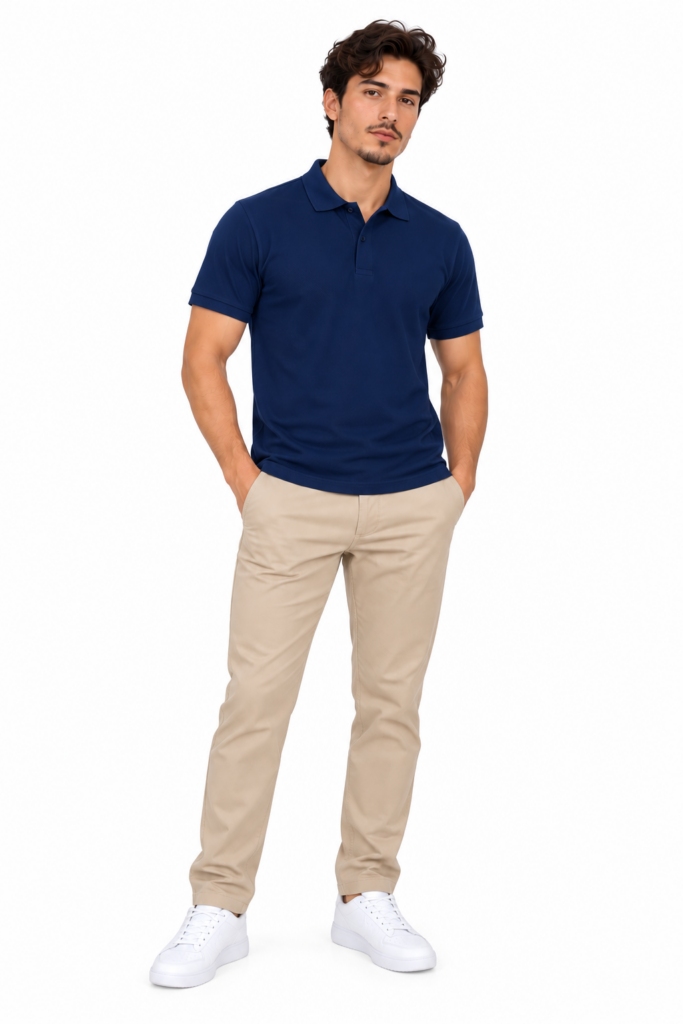 Homme en polo bleu marine et chino beige, tenue professionnelle