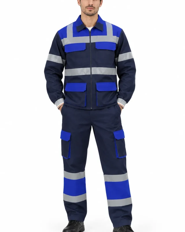 Homme en ensemble de travail bleu marine et bleu roi à bandes réfléchissantes