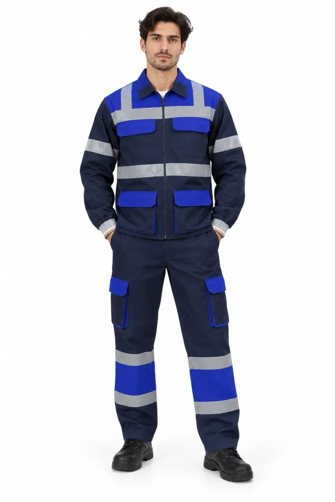 Homme en ensemble de travail bleu marine et bleu roi à bandes réfléchissantes