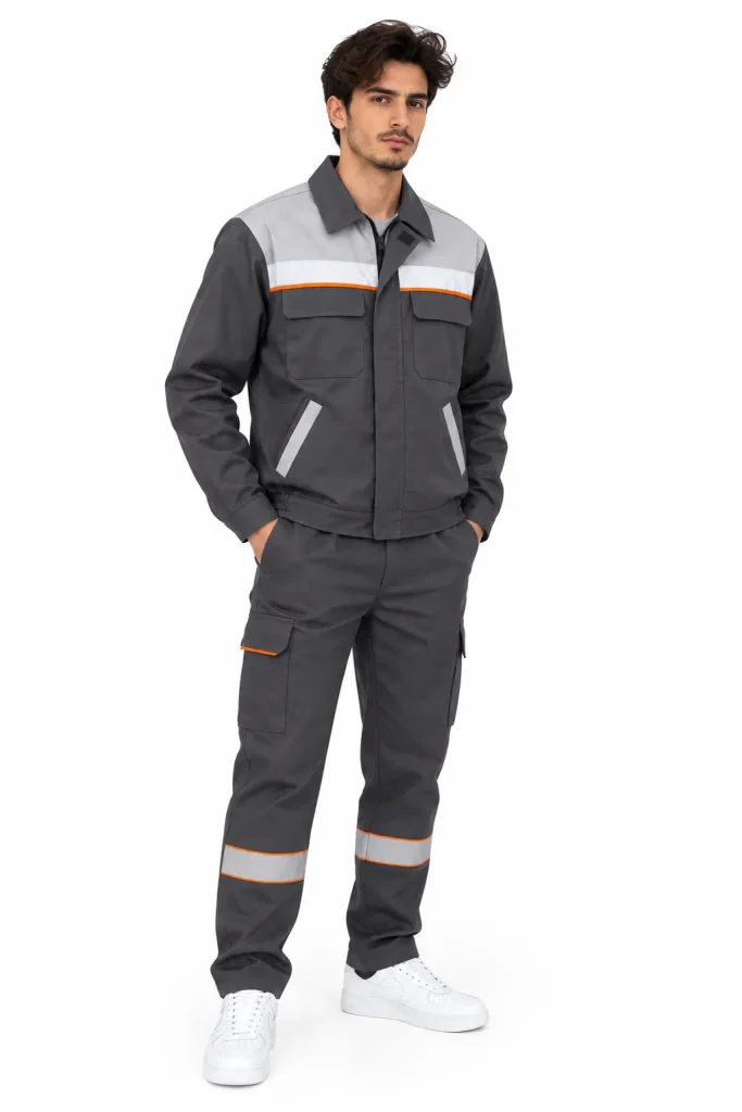 Homme en tenue de travail grise à empiècements gris clair et liseré orange