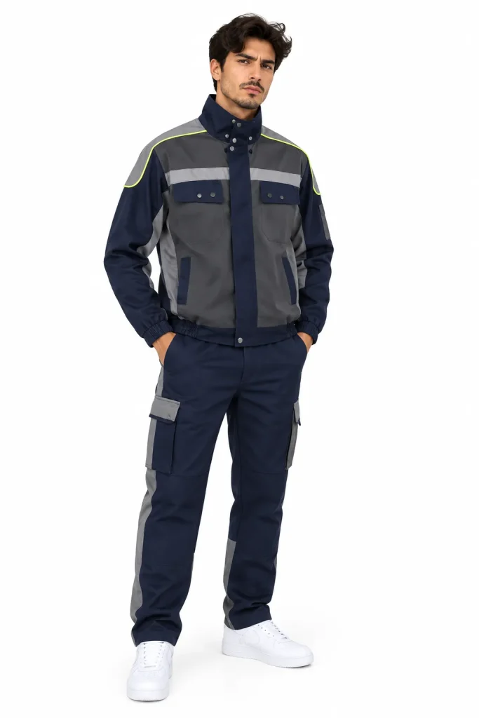 Homme en tenue de travail bleu marine et grise à bandes réfléchissantes