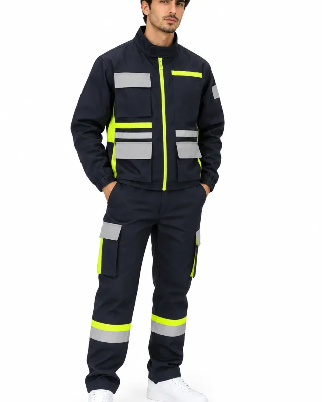 Homme en tenue de travail bleu marine à bandes réfléchissantes et jaune fluo