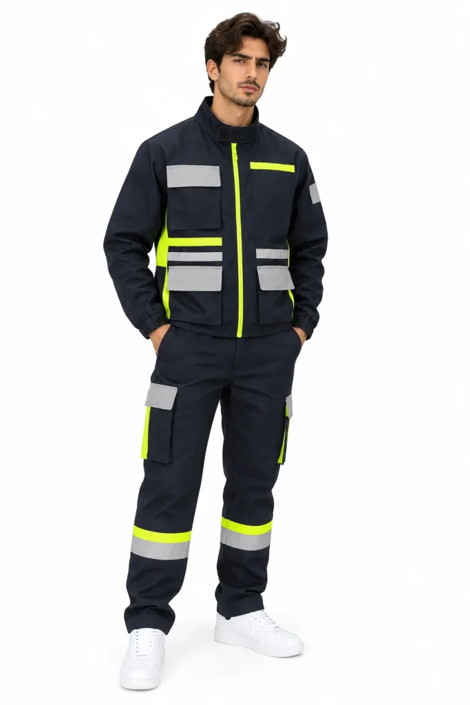Homme en tenue de travail bleu marine à bandes réfléchissantes et jaune fluo
