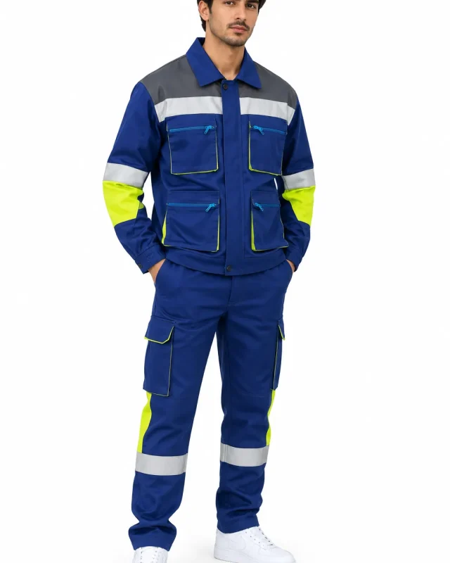 Homme en tenue de travail haute visibilité bleu roi avec bandes réfléchissantes et jaune fluo