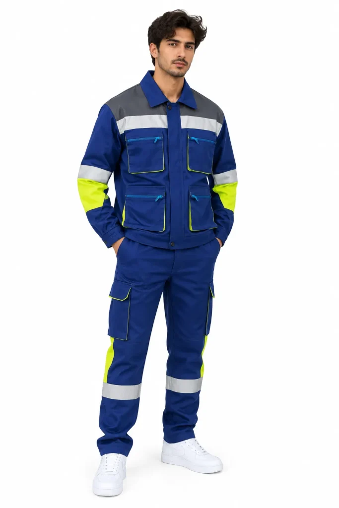 Homme en tenue de travail haute visibilité bleu roi avec bandes réfléchissantes et jaune fluo