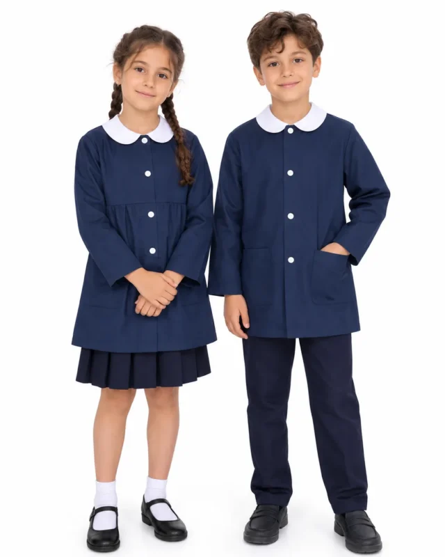 Écolière et écolier en blouse scolaire bleu marine à col Claudine blanc, jupe plissée et pantalon bleu marine