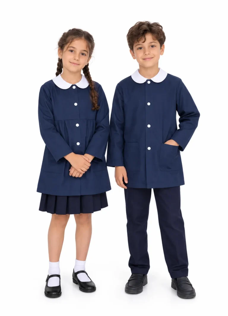 Écolière et écolier en blouse scolaire bleu marine à col Claudine blanc, jupe plissée et pantalon bleu marine