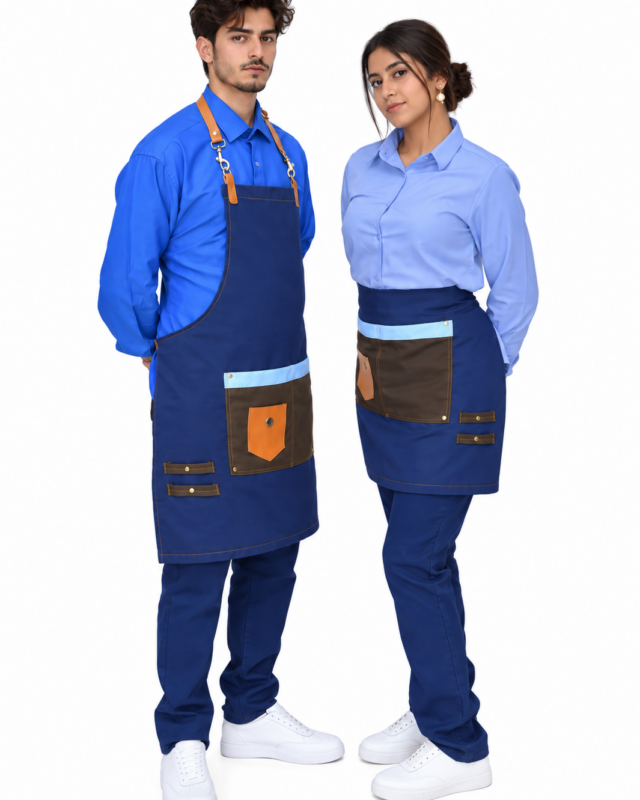 Homme et femme en tabliers en jean à bretelles sur chemise bleue