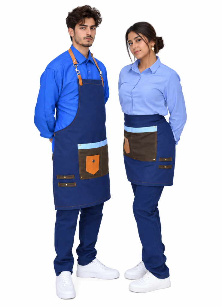Homme et femme en tabliers en jean à bretelles sur chemise bleue