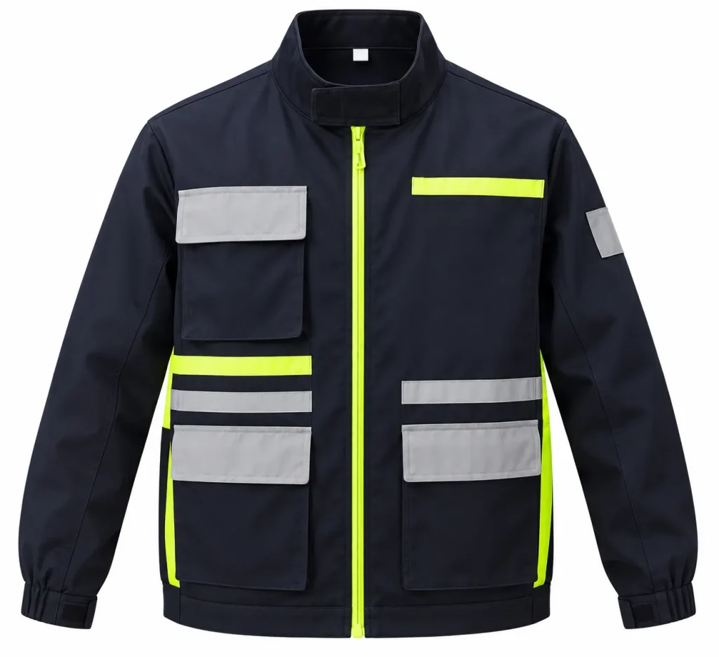 Veste de sécurité bleu marine à bandes réfléchissantes et jaune fluo