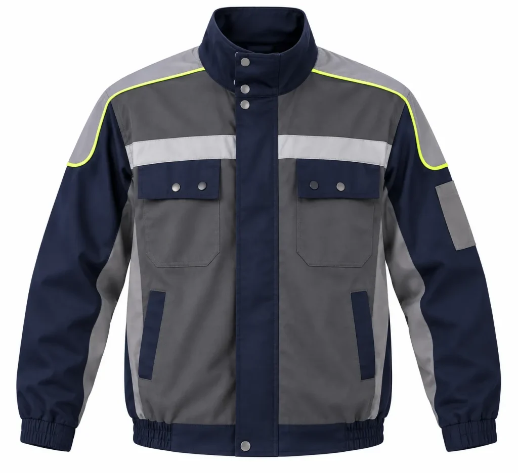 Veste de travail bleu marine et grise à bandes réfléchissantes