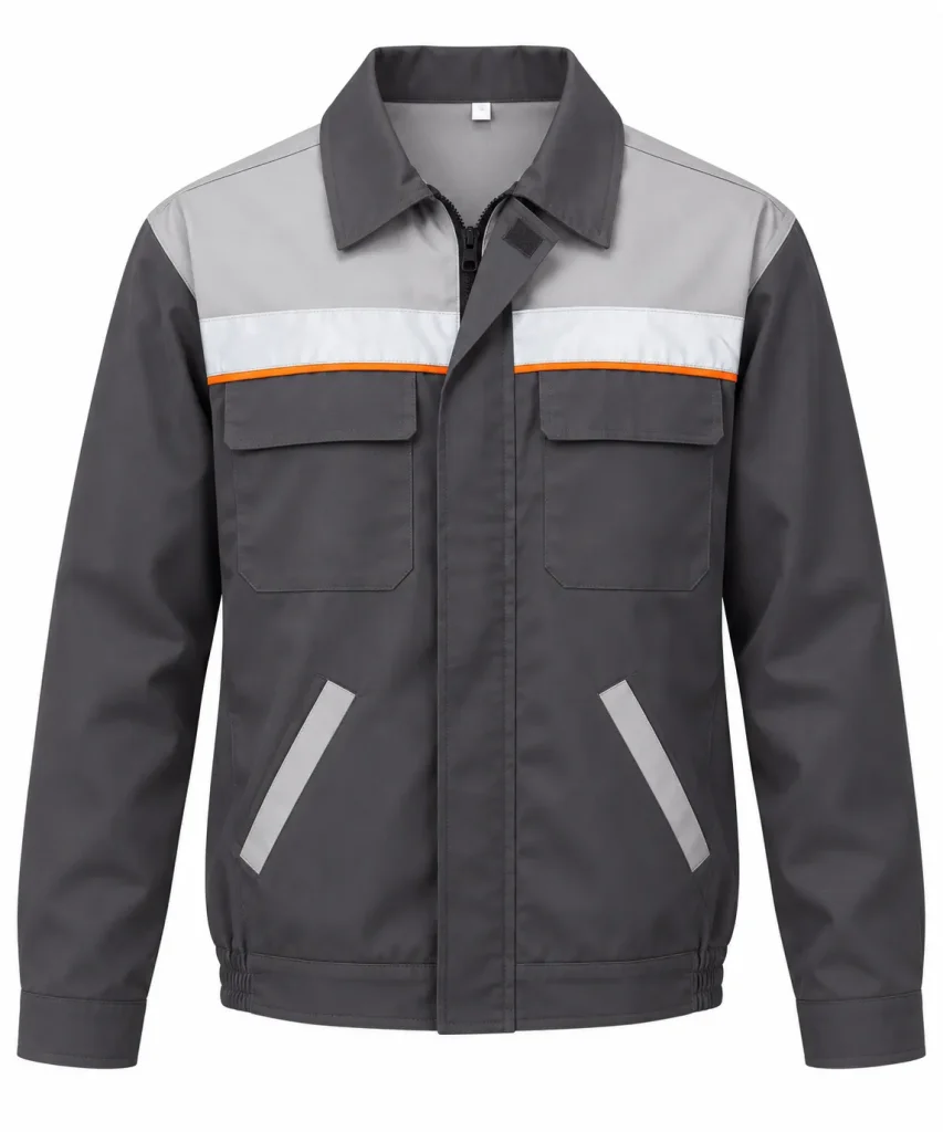 Veste de travail grise à empiècements gris clair et liseré orange