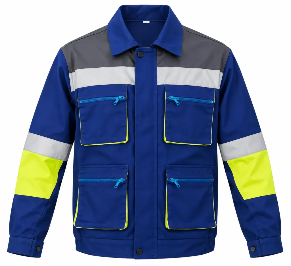 Veste de travail bleu roi à épaules grises, bandes réfléchissantes et jaune fluo