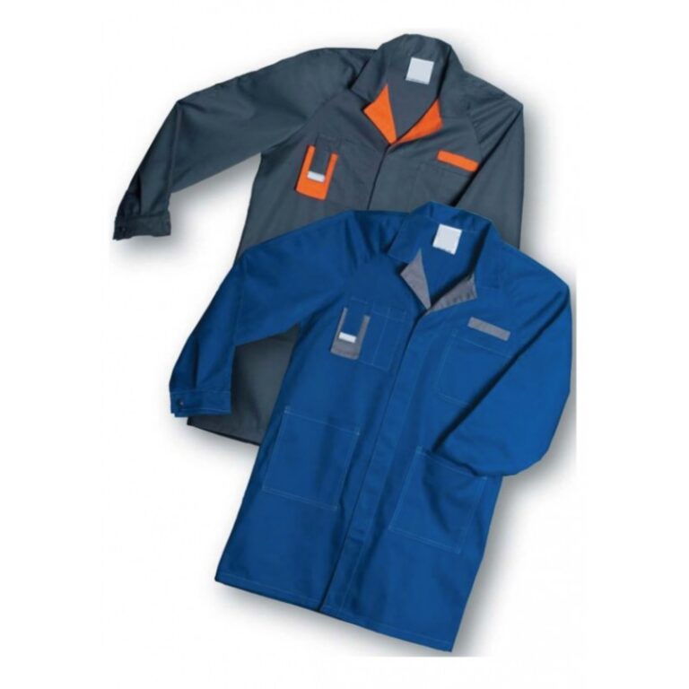 Blouses de travail grise à empiècements orange et bleu roi