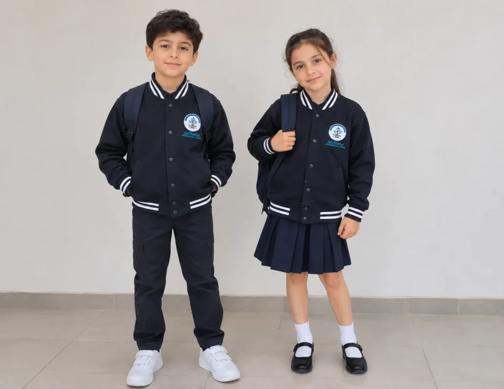 Écolier et écolière en blouson teddy bleu marine à bords côtes rayés blancs, brodé au logo de l’école, avec cartable