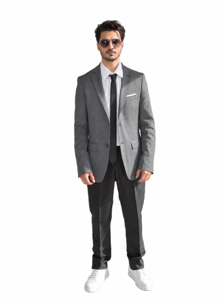 Homme en costume gris anthracite, chemise blanche et cravate noire