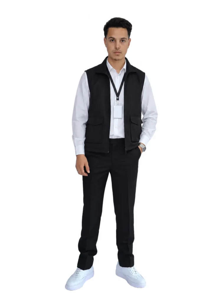 Homme en gilet noir zippé sans manches à poches à rabat, chemise blanche, pantalon noir et badge