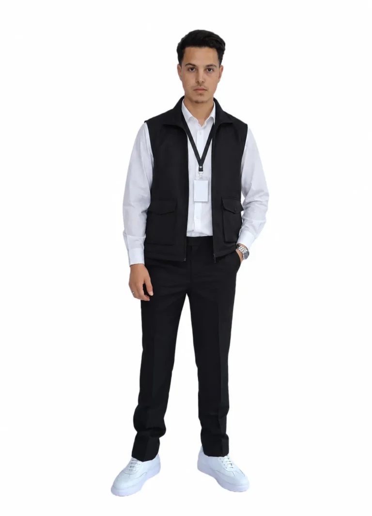 Homme en gilet noir zippé sans manches à poches à rabat, chemise blanche, pantalon noir et badge