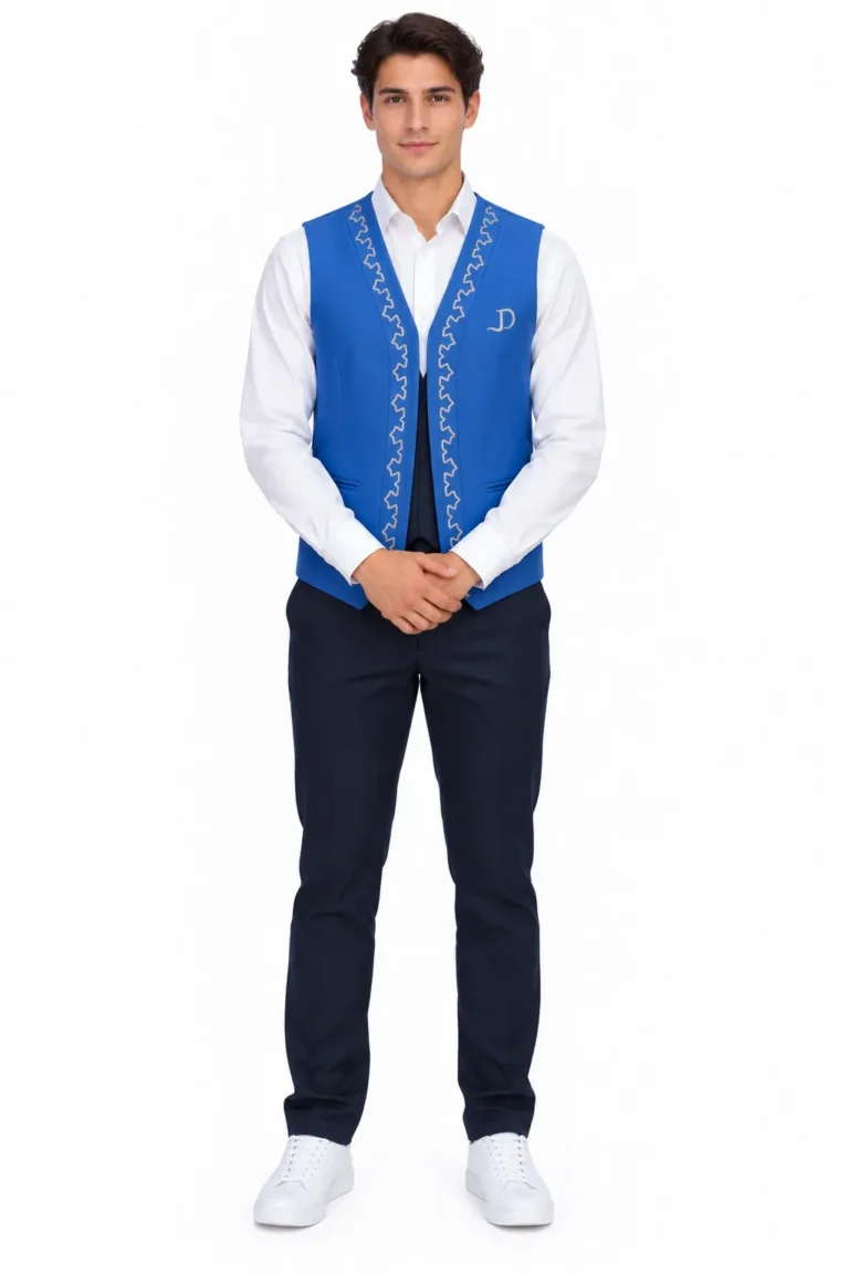 Gilet d’hôtel bleu roi à broderie traditionnelle porté sur chemise blanche