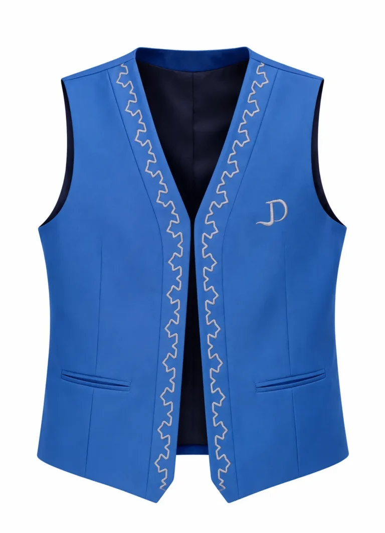 Gilet sans manches bleu roi à col V brodé d’un motif traditionnel, logo brodé sur la poitrine et deux poches passepoilées