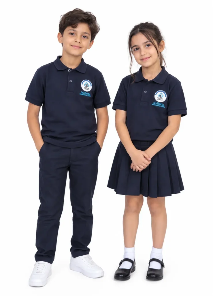 Écolier et écolière en polo bleu marine brodé au logo de l’école, pantalon et jupe plissée bleu marine