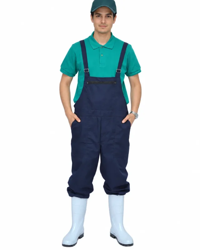 Ouvrier en salopette de travail marine, polo vert, casquette et bottes blanches
