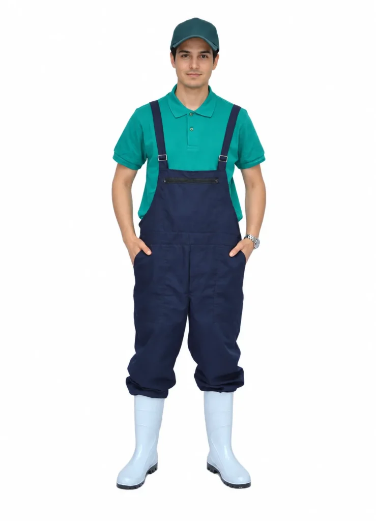 Ouvrier en salopette de travail marine, polo vert, casquette et bottes blanches