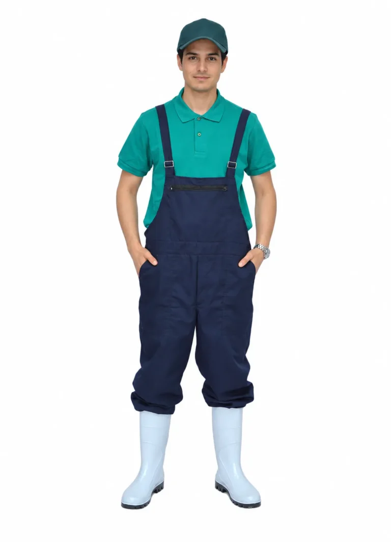 Ouvrier en salopette de travail marine, polo vert, casquette et bottes blanches