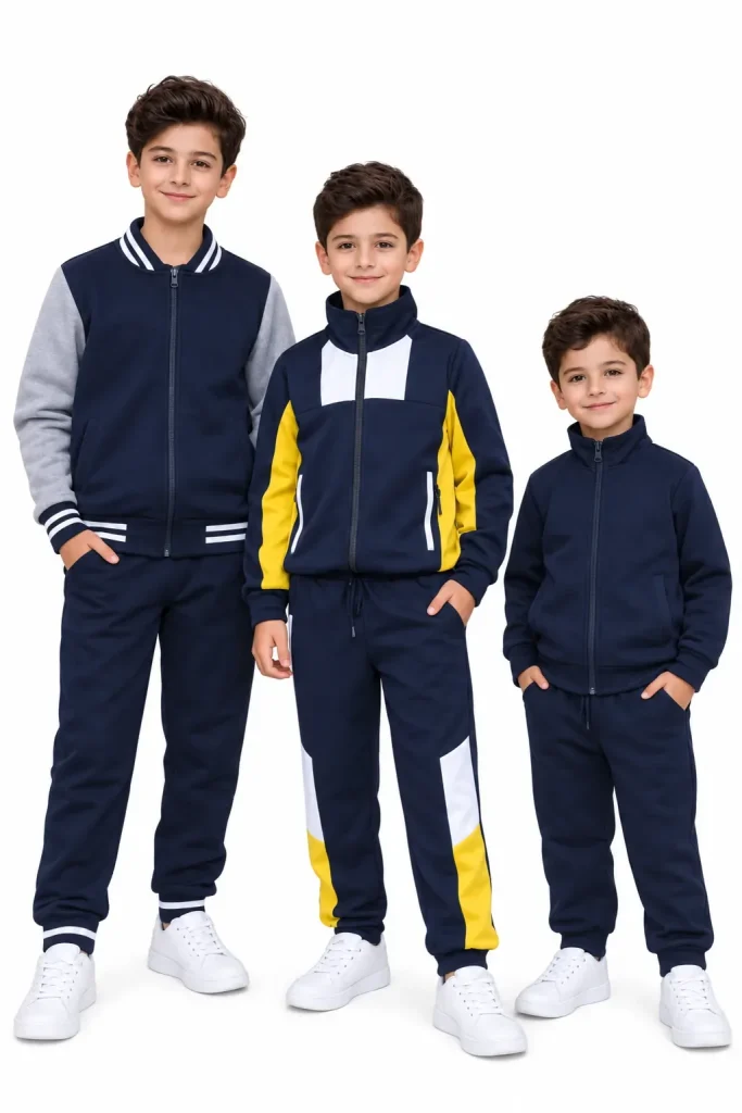 Trois élèves en survêtements scolaires bleu marine : modèle teddy manches grises, modèle bandes jaunes et blanches, modèle uni