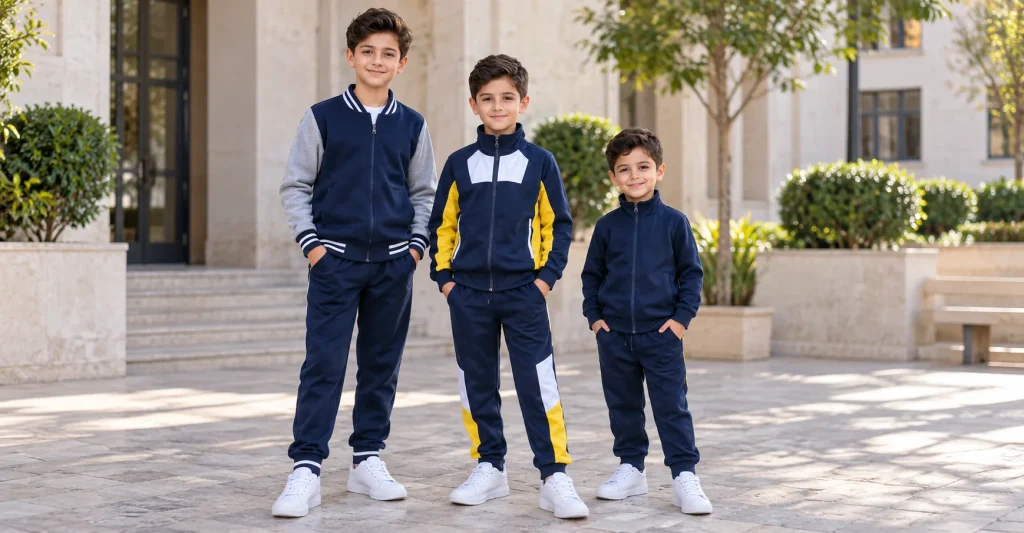 Trois élèves en survêtements scolaires bleu marine personnalisés devant leur école