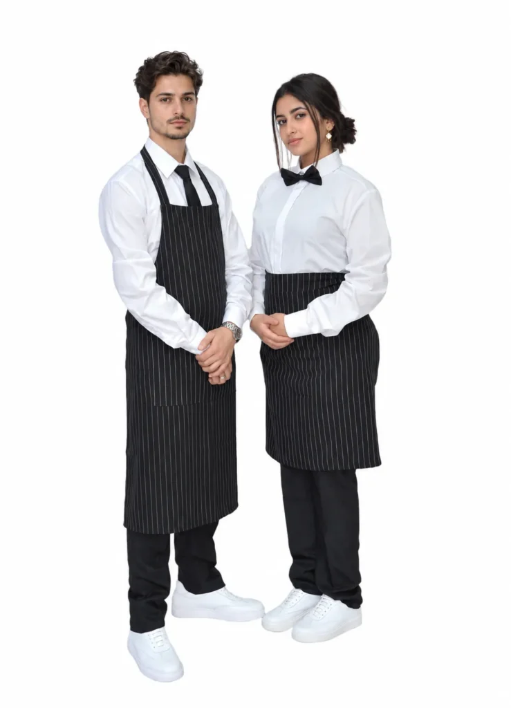 Serveur et serveuse en longs tabliers rayés noirs, chemise blanche