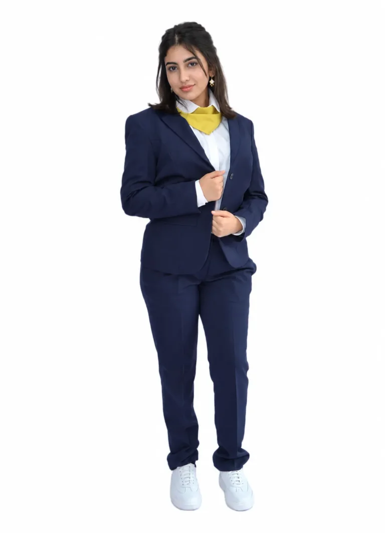 Hôtesse en tailleur pantalon bleu marine et foulard jaune