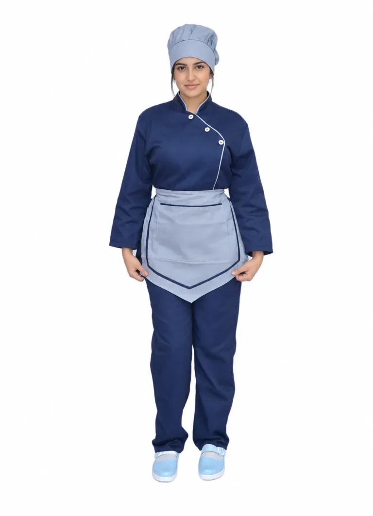 Cuisinière en veste de cuisine bleu marine, tablier gris et calot