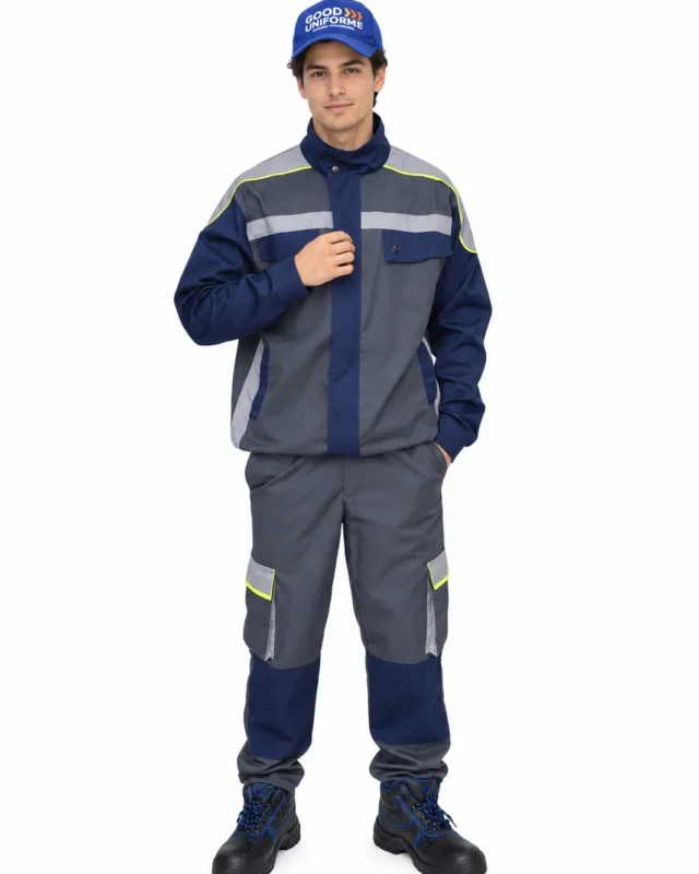Ouvrier en tenue de travail bicolore marine et grise à bandes réfléchissantes et casquette
