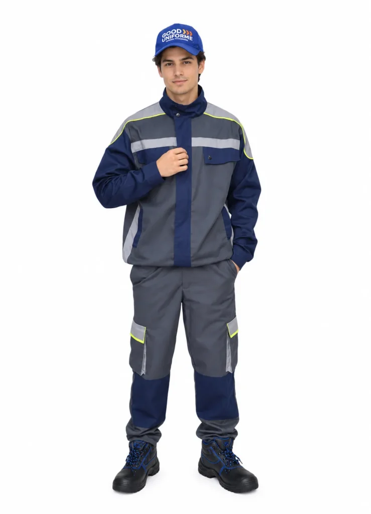 Ouvrier en tenue de travail bicolore marine et grise à bandes réfléchissantes et casquette