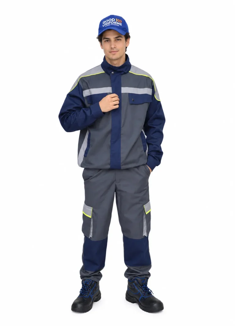 Ouvrier en tenue de travail bicolore marine et grise à bandes réfléchissantes et casquette