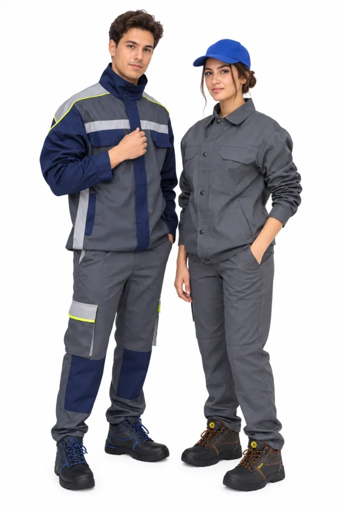 Homme et femme en tenues de travail industrielles grises et marine à bandes réfléchissantes