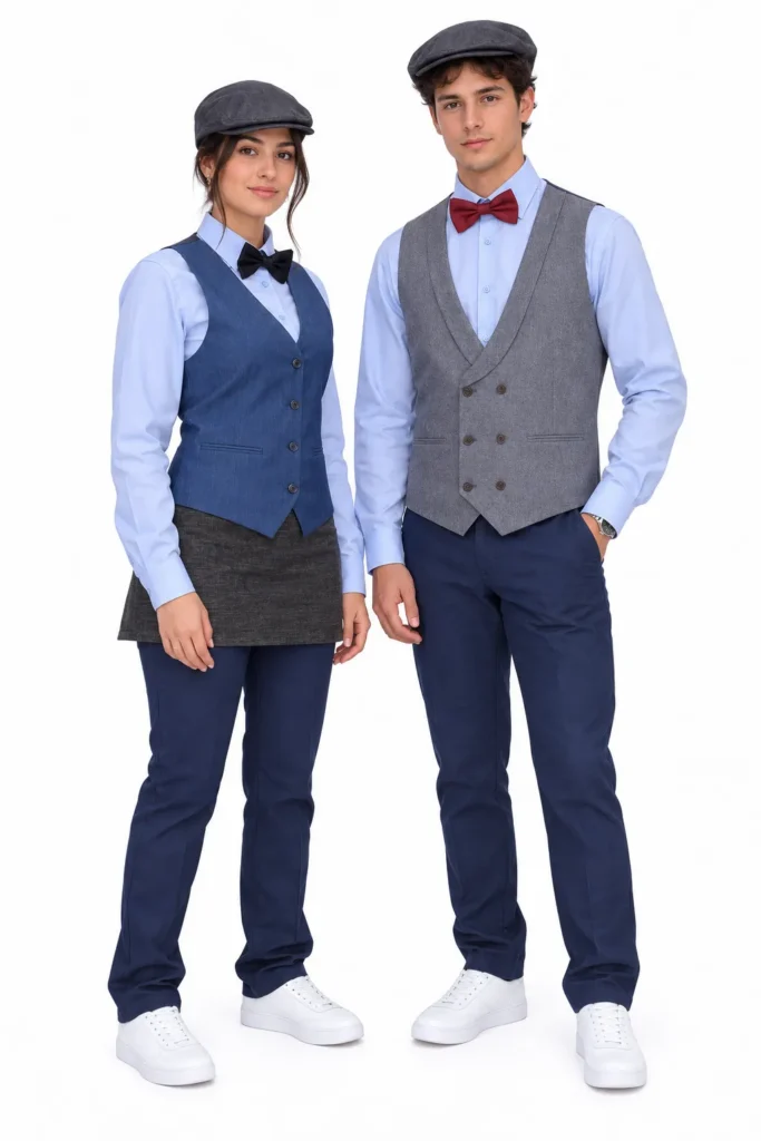 Serveurs en tenue bistrot : gilet, nœud papillon, casquette gavroche et tablier
