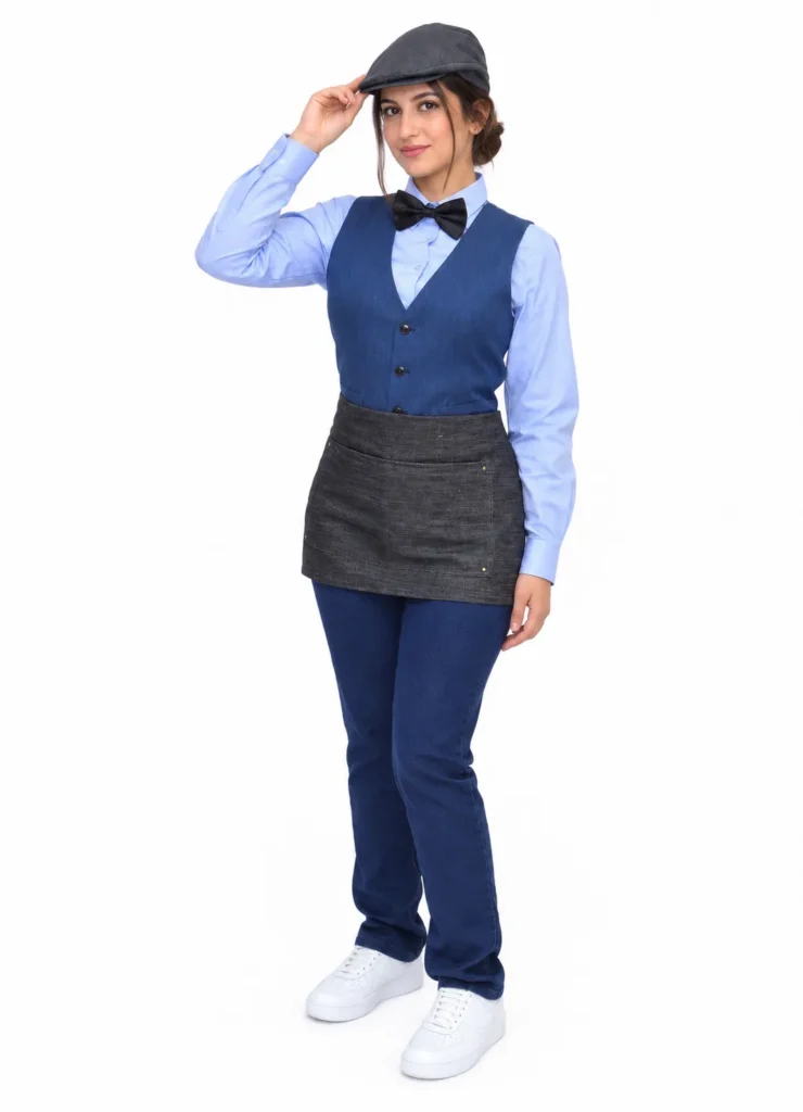 Serveuse en tenue bistrot : gilet bleu, nœud papillon, tablier et casquette gavroche