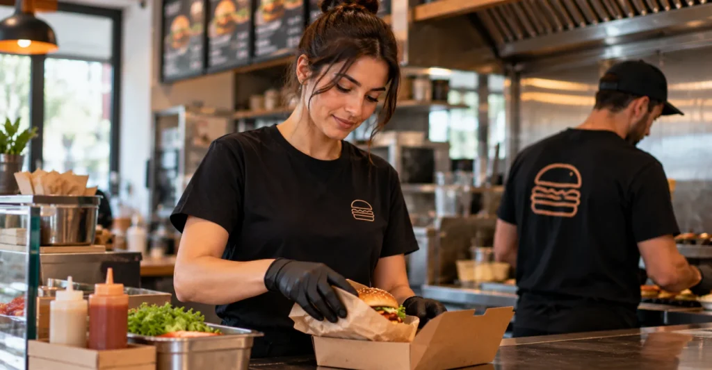 Employés de restauration rapide en t-shirt noir imprimé au logo du restaurant préparant un burger