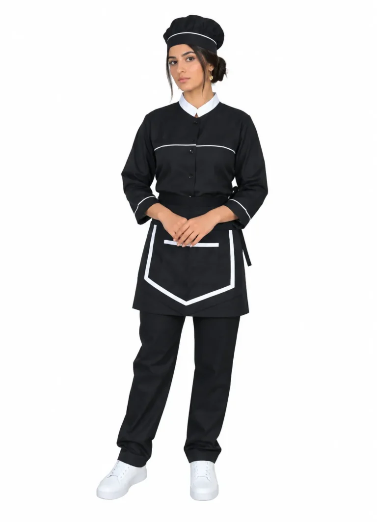 Femme de chambre en tunique noire, tablier blanc et coiffe
