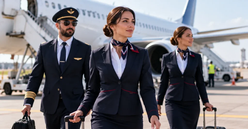 Pilote et hôtesses de l’air en tailleur bleu marine et foulard marchant sur le tarmac devant un avion