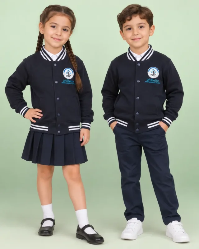 Écolière en blouson teddy bleu marine et jupe plissée, écolier en blouson teddy et pantalon bleu marine