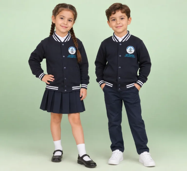 Écolière en blouson teddy bleu marine et jupe plissée, écolier en blouson teddy et pantalon bleu marine