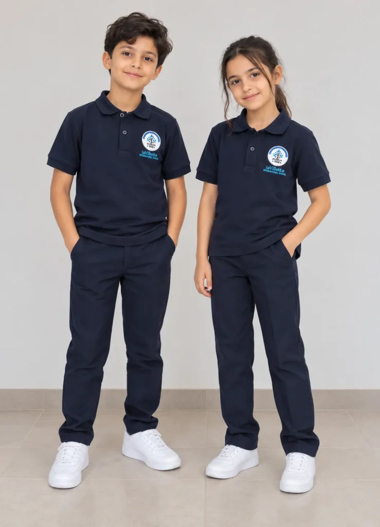 Garçon et fille en polo bleu marine brodé et pantalon bleu marine, baskets blanches