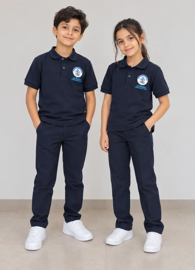Garçon et fille en polo bleu marine brodé et pantalon bleu marine, baskets blanches