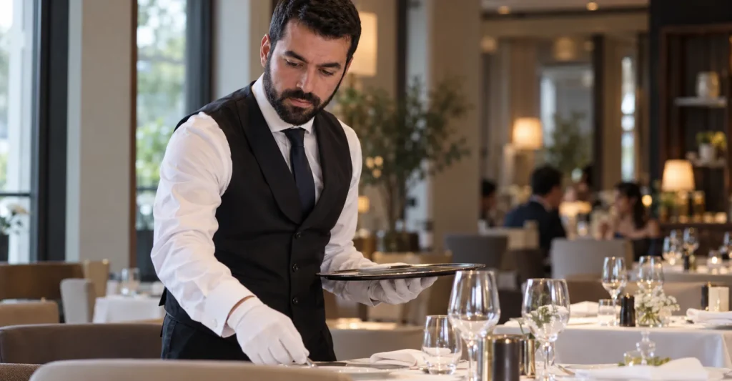 Serveur d’hôtel en gilet noir, chemise blanche, cravate et gants blancs dressant une table de restaurant